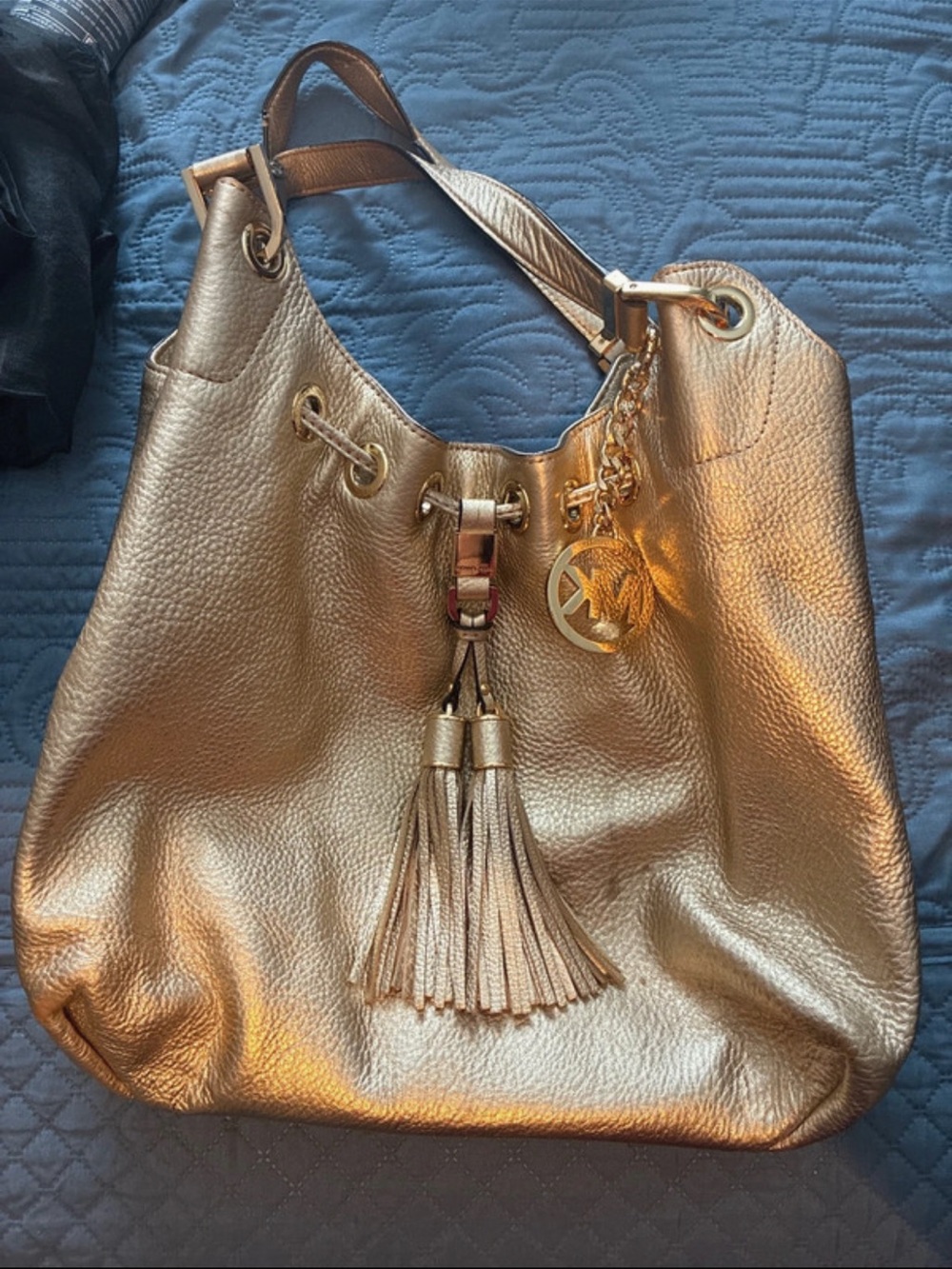 Michael Kors Metallic Gold Leather Tassel Hobo Shoulder Bag